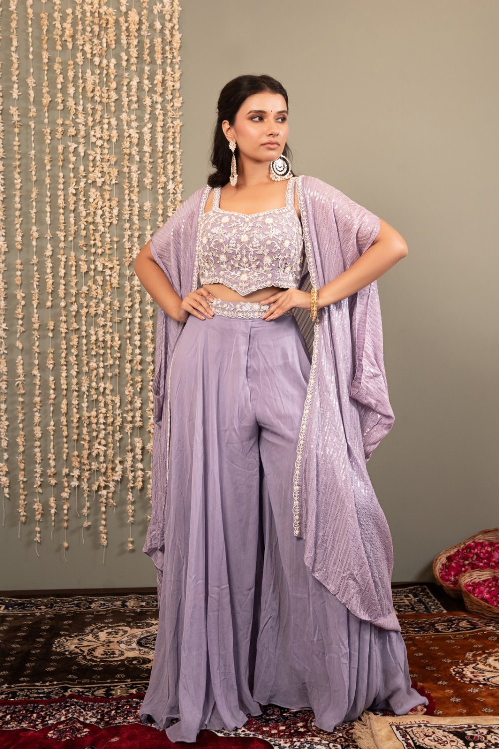 Lavender georgette Indo western with handwork blouse