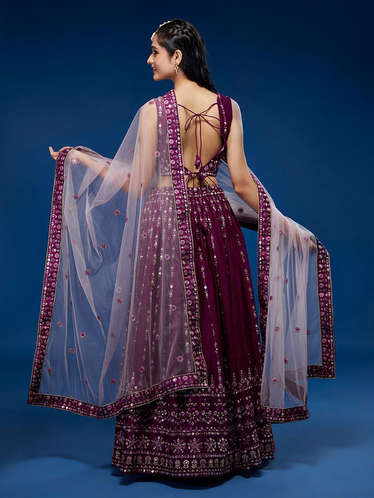 Women Burgundy Pure Georgette Sequinse Embroidered Semi-Stitched Lehenga & Blouse, Dupatta