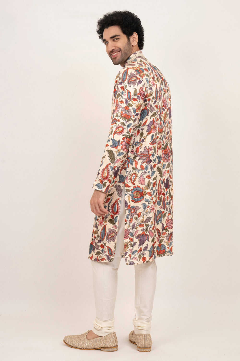 Multicolour resham embroidered satin lenin kurta set with kasab and mirror work