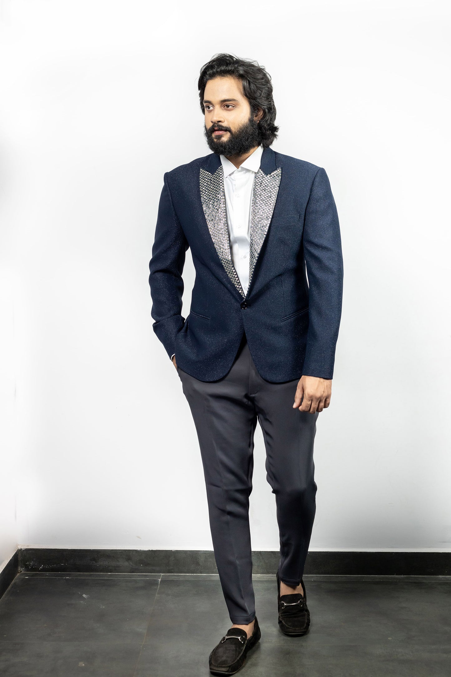 Blaze Shimmer Navy Blue Poly Blend Embrodeired Blazer