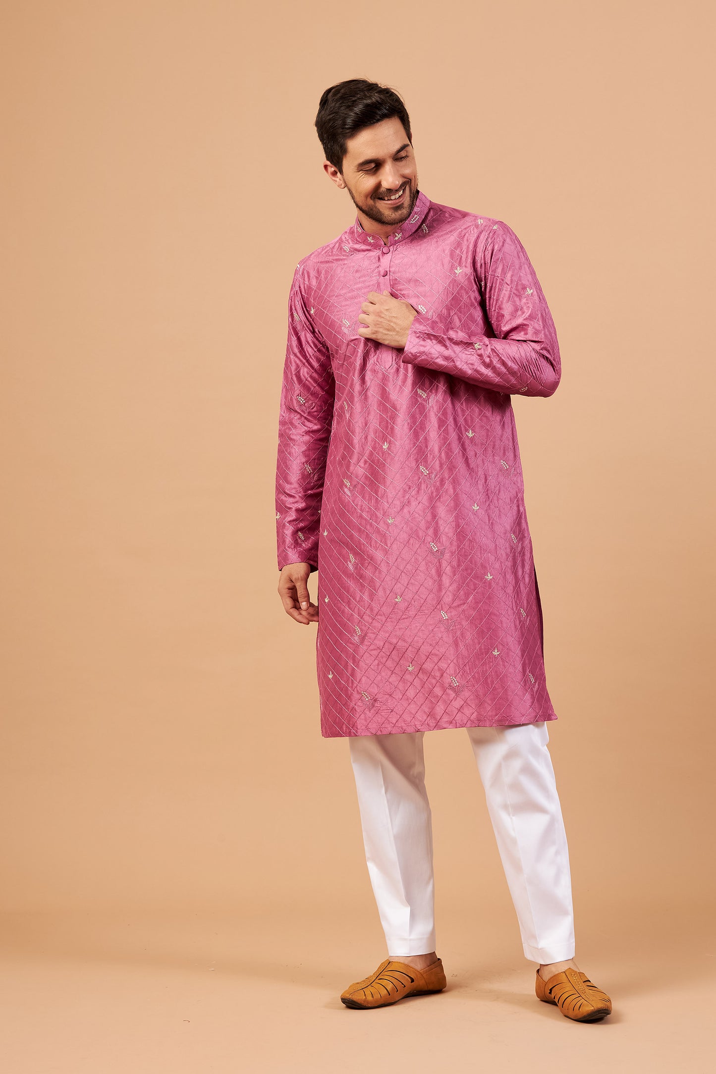 Purple & Pink Dupion Silk Machine Embroidered Festive ( only Kurta )