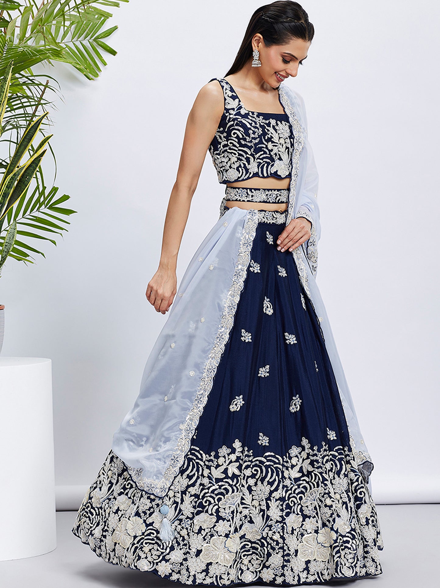 Navy blue Pure Georgette Sequins and thread embroidery Lehenga choli