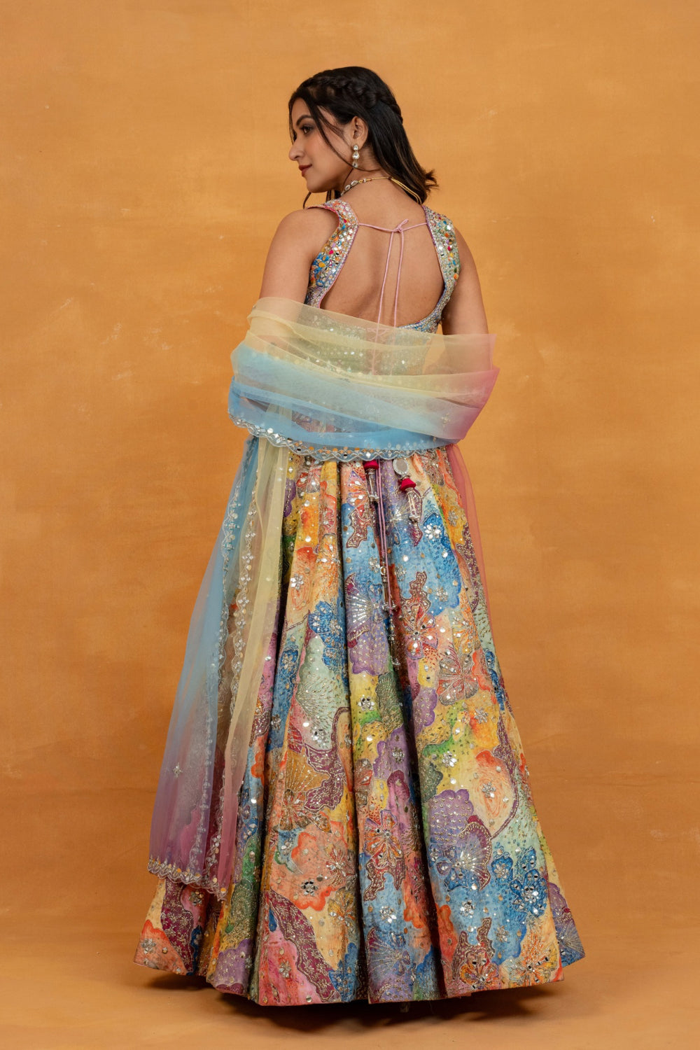 Multicolour printed silk lehenga choli with mirror, foil, sequins and bead work