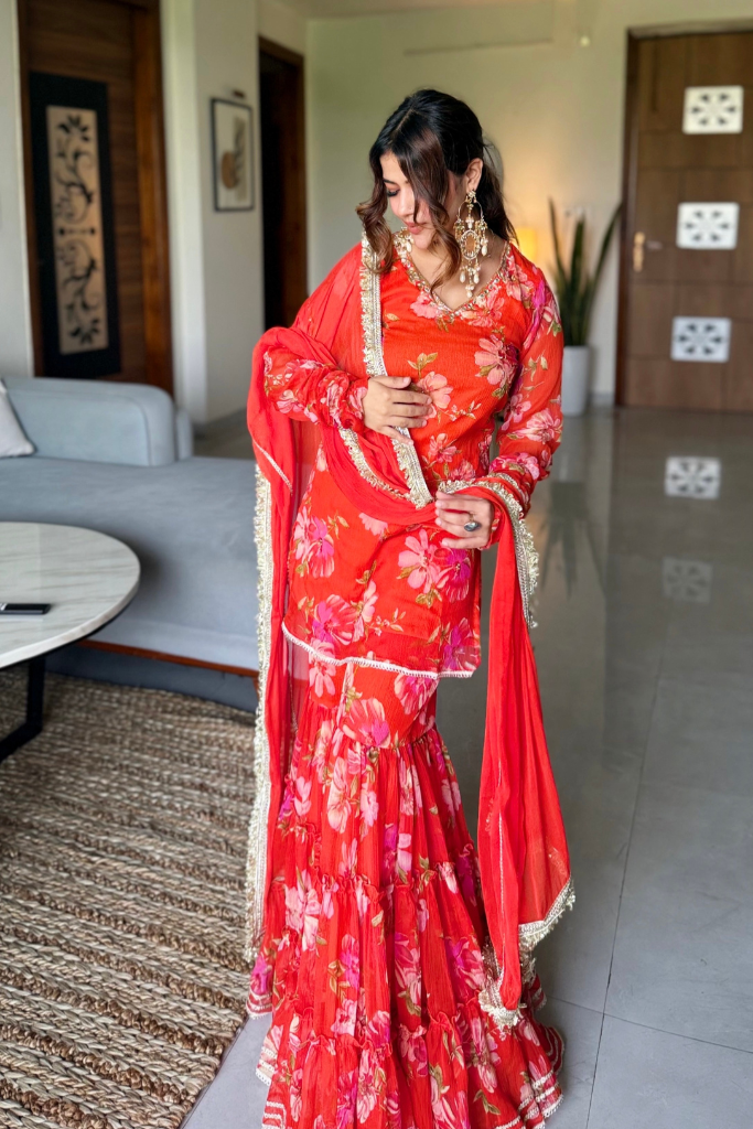 Radhika Orange Chiffon Festive Sharara Set