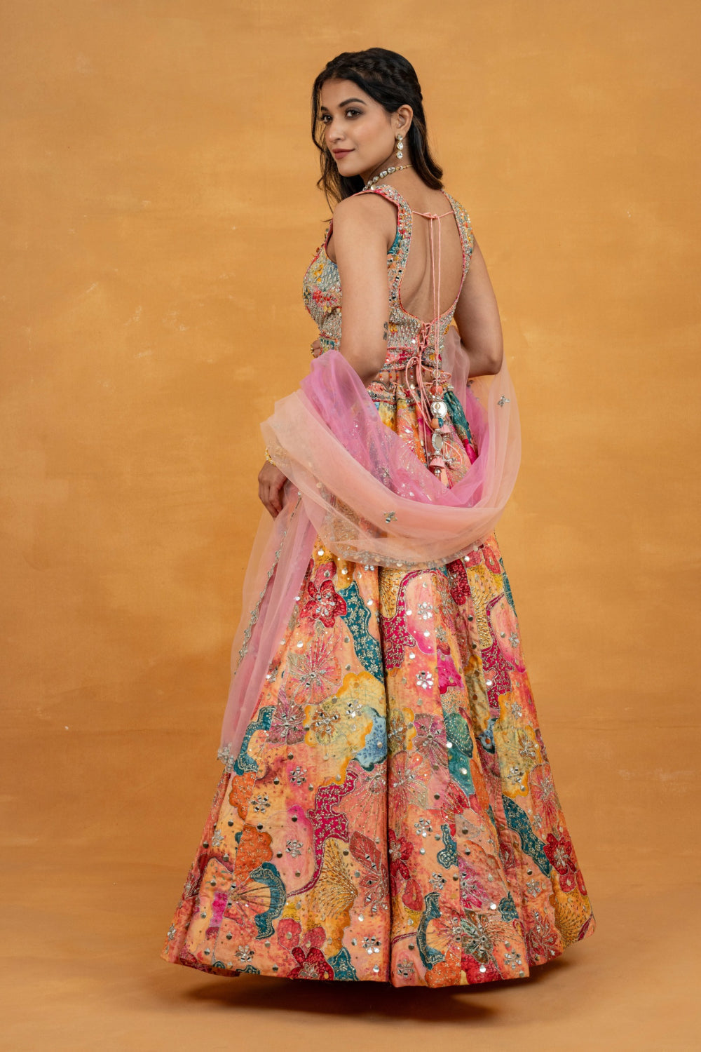 Multicolour printed silk lehenga choli with mirror, foil, sequins and bead work