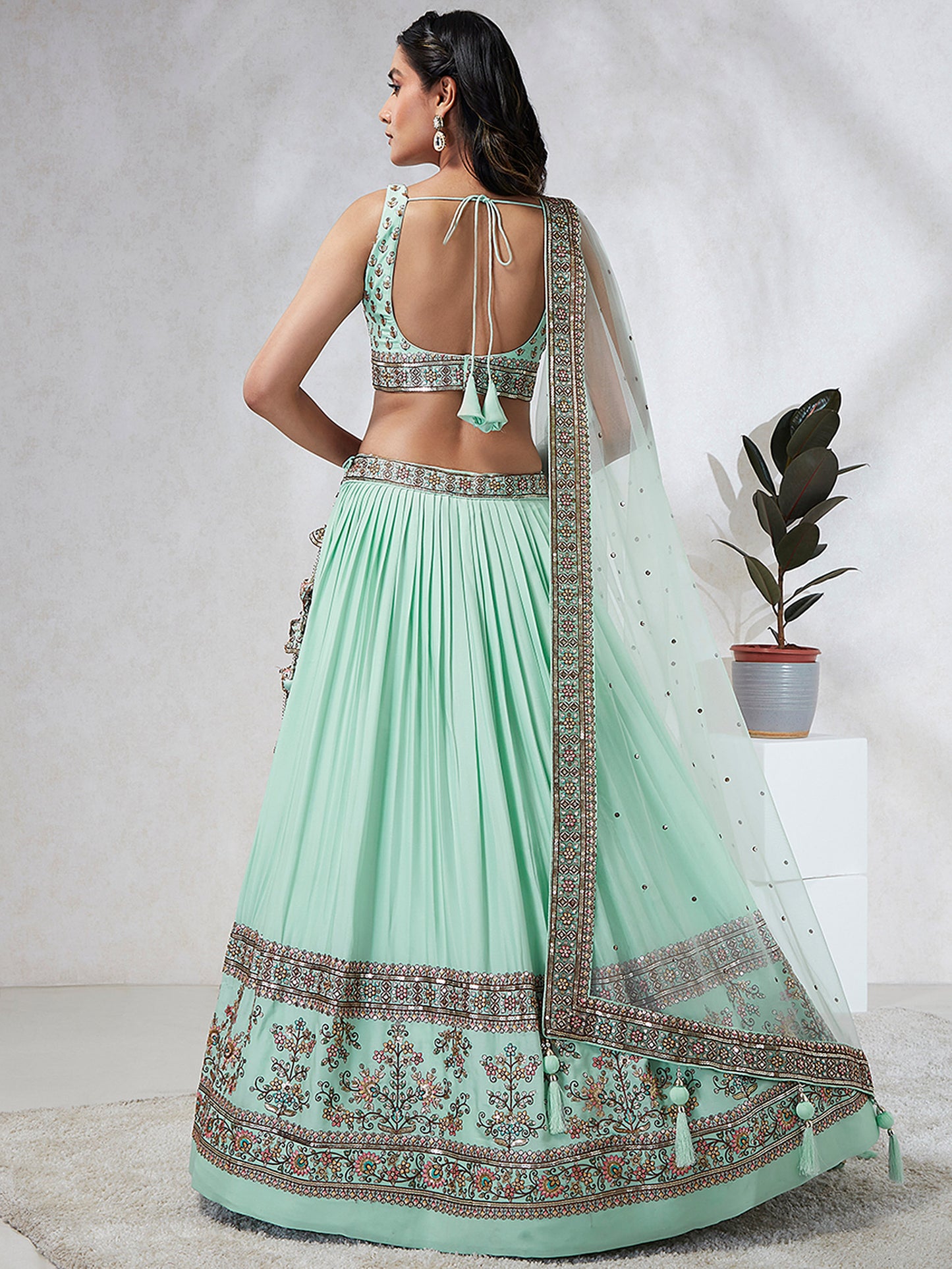 Sea Green Georgette Sequins and thread embroidery Lehenga