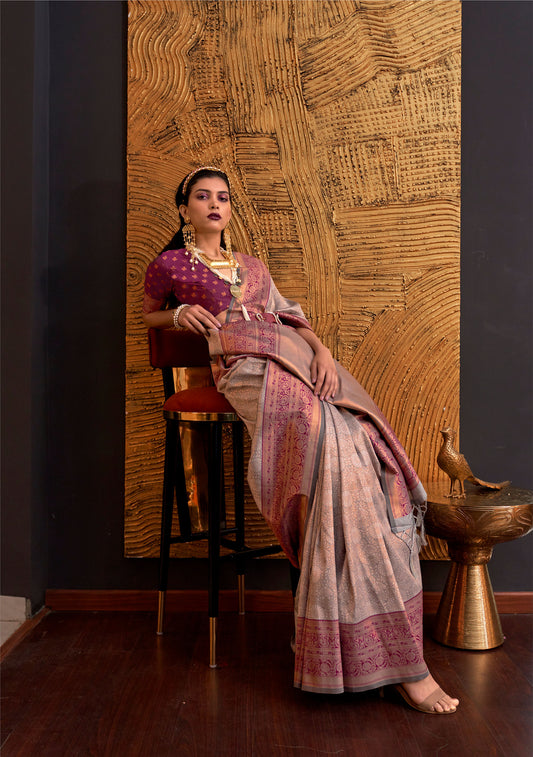 Light Brown Purple Kamiya Silk Chap handloom Saree