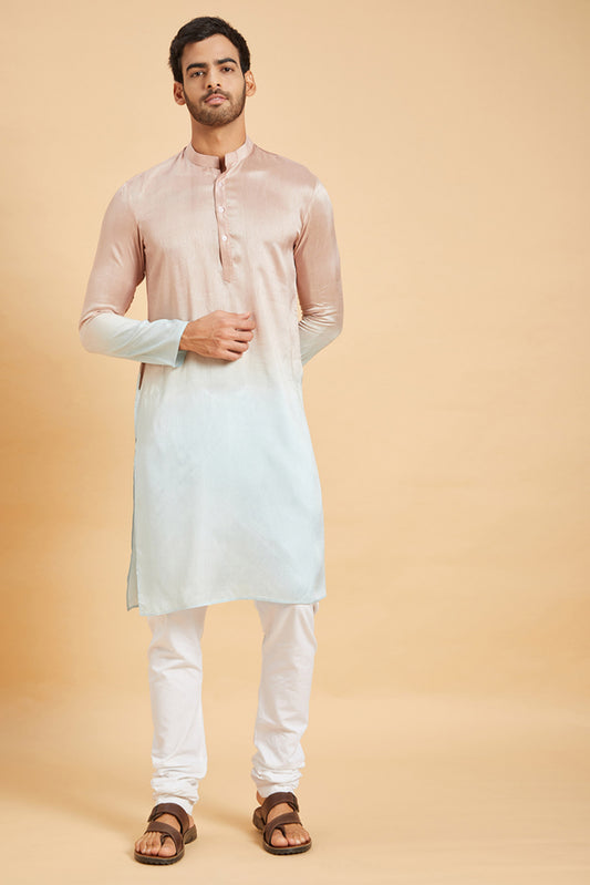 Pink & Sea Blue Raw Silk Embroidered Ombre Festive ( only Kurta )