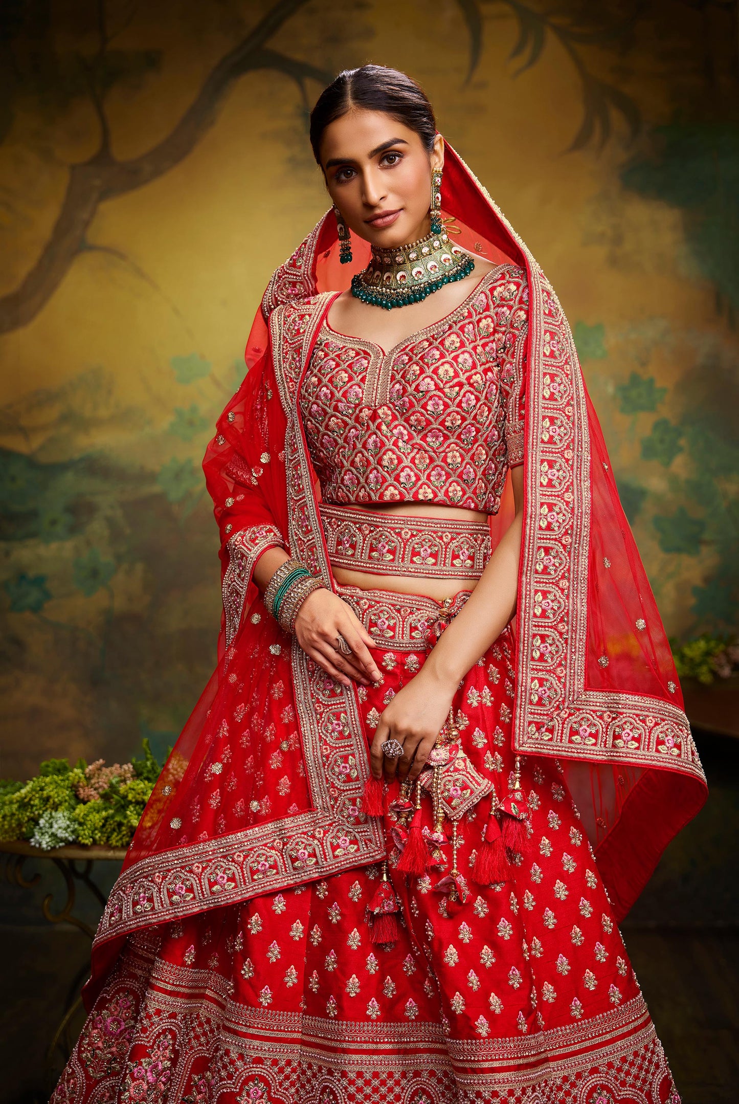Red Pure Silk Moti & Zarkan heavy embroidery Semi-Stitched Lehenga choli & Dupatta