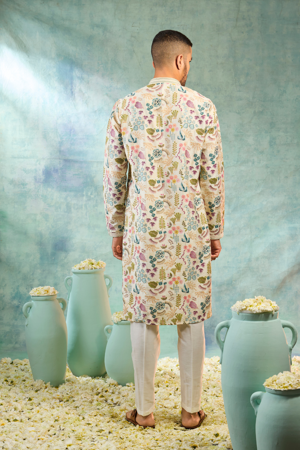 White silk kurta with multicolour embroidery work