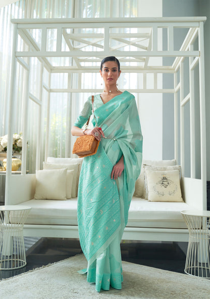 Turquoise Kashidha Lucknowi Chikankari woven saree