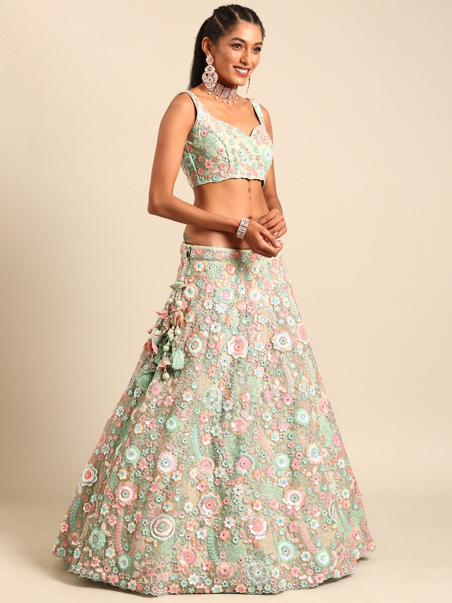 Lime Green Net Sequins, Mirror and thread embroidery Lehenga