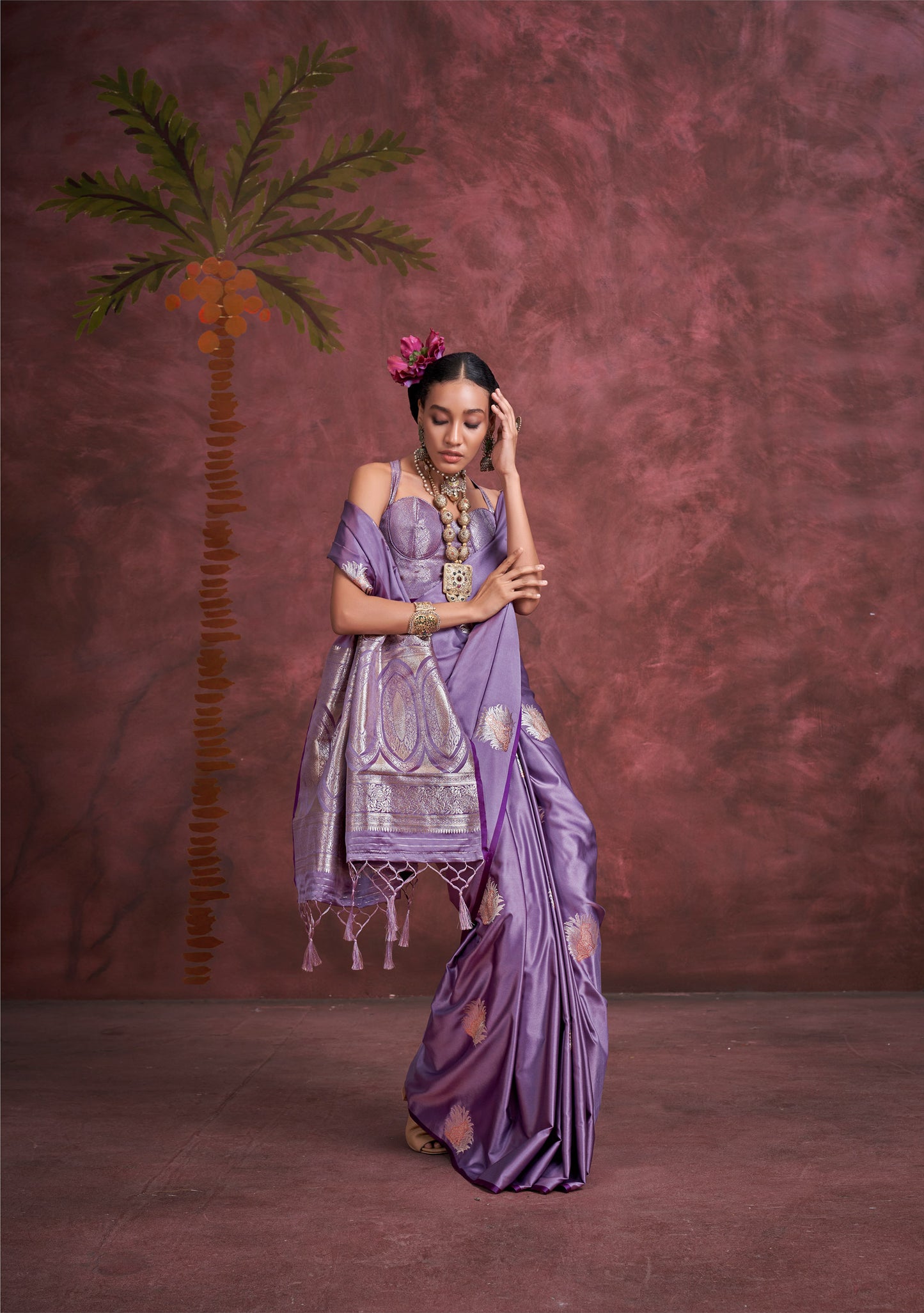 Purple Kanthkala Satin Silk Handloom Banarasi Zari Weaving Saree