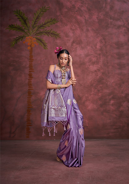 Purple Kanthkala Satin Silk Handloom Banarasi Zari Weaving Saree