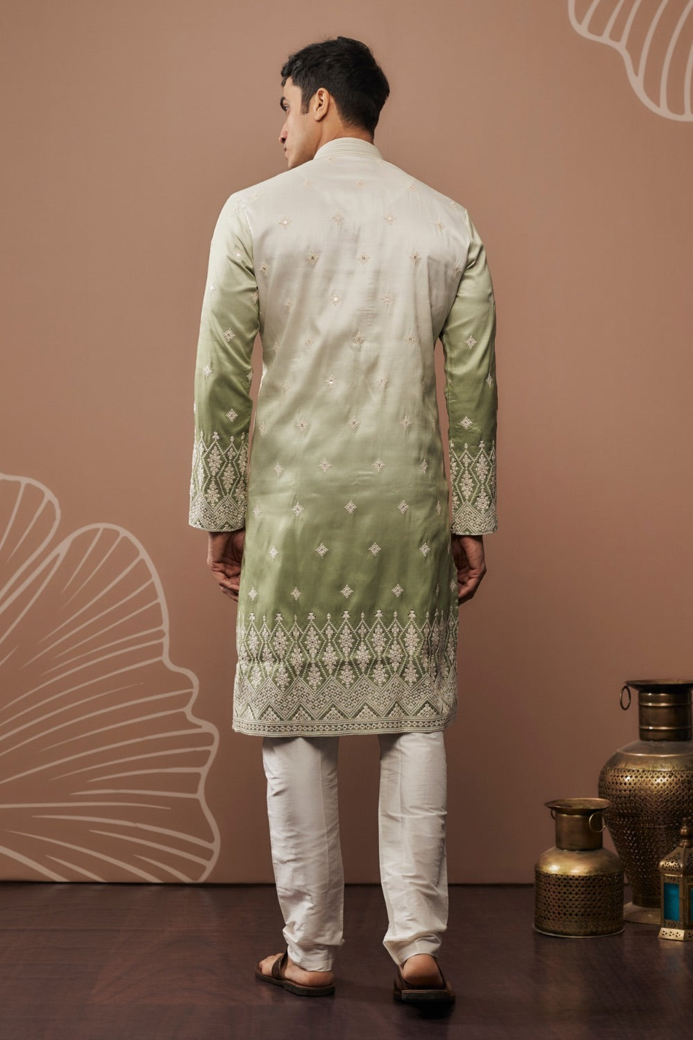 Green shaded silk kurta and pajama with hand and machine work