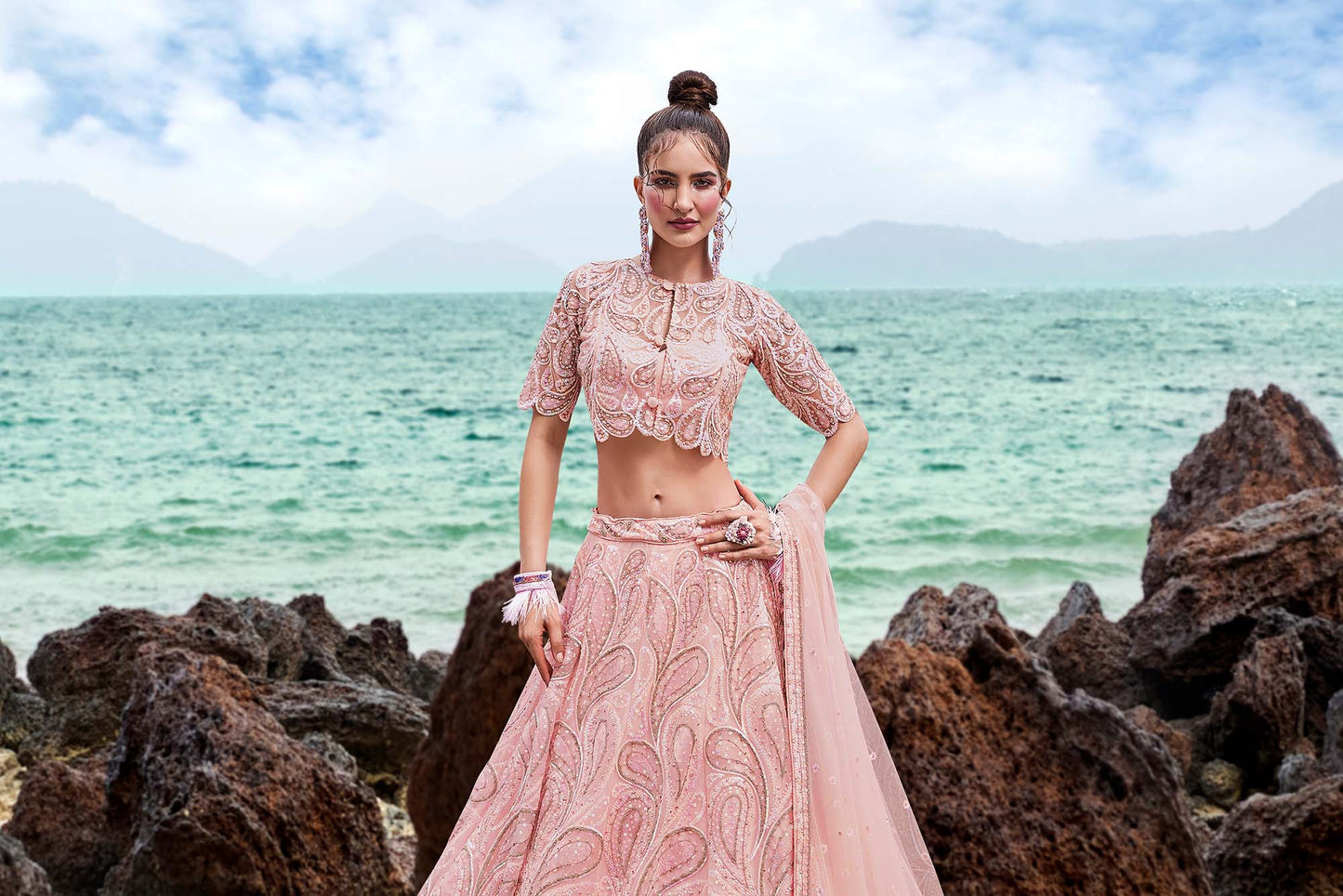 Coral Net Multi Sequins with heavy Zarkan embroidery Lehenga
