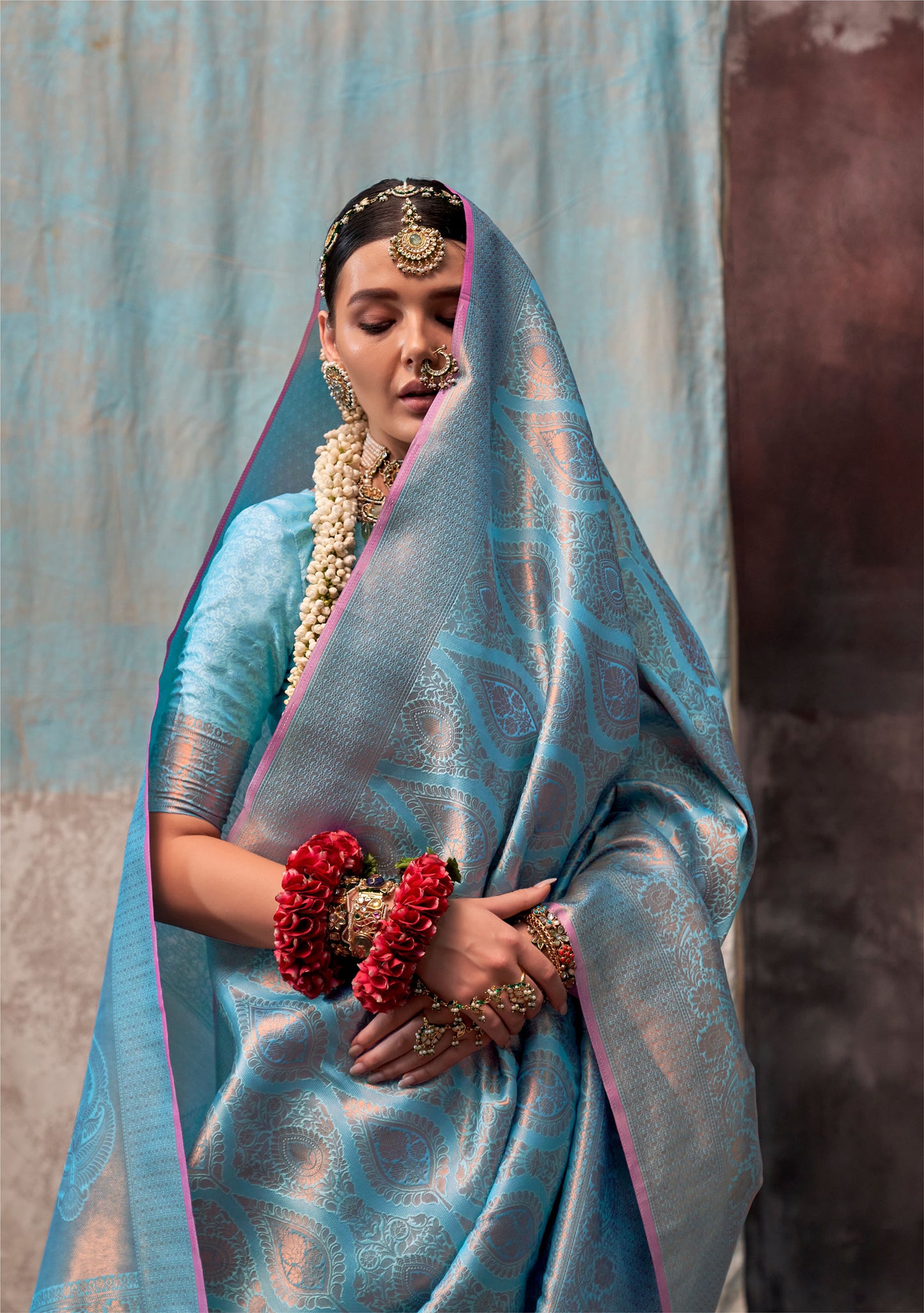 Sky Blue Kaala Savoy Handloom Silk Saree