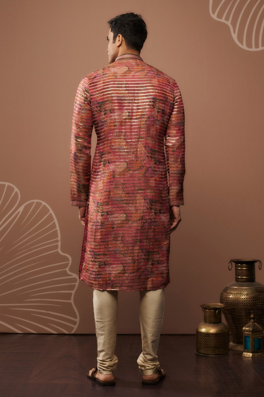 Orange and pink silk kurta & pajama with floral hand and machine work