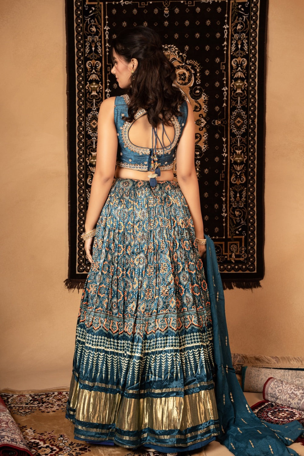 Peacock blue printed gaji silk lehenga choli