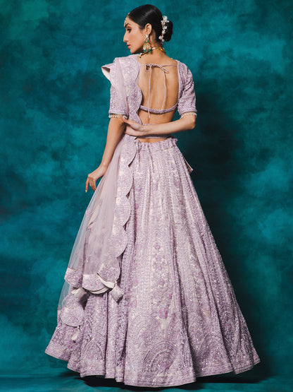 Lilac Color Stones & Pearls Embroidery Net Bridal Lehenga