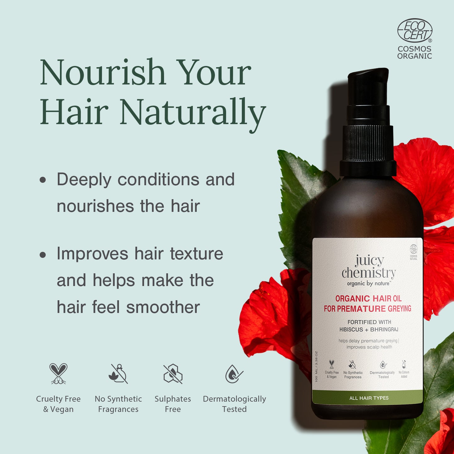 Juicy Chemistry Hibiscus Amla & Bhringaraj Fortifying Hair Oil, 100 ml | Natural Ayurvedic Formulation with Clinically Proven 10-Herb Oil Blend | Strengthens Roots, Reduces Hair Fall & Breakage | Cruelty Free & Vegan