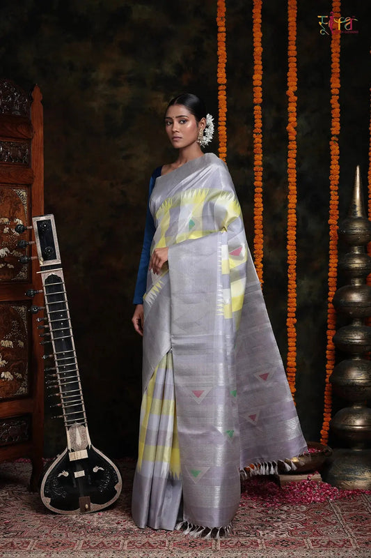 Handloom Lemon & Grey Pure Silk Kanchipattu Saree