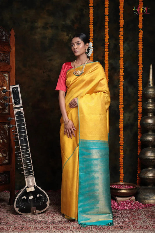 Tuscany Yellow Handloom Kanchipattu Saree With Blue Green Gold Zari Pallu