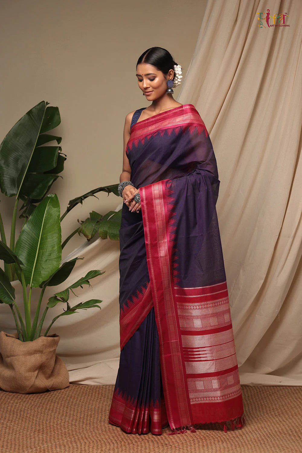 Handloom Dark Purple Pure Cotton Kanchi Saree with Pure Silk Border and Pallu