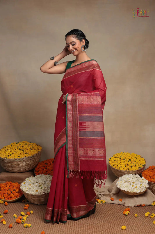 Handloom Magenta Pure Cotton Kanchi Saree