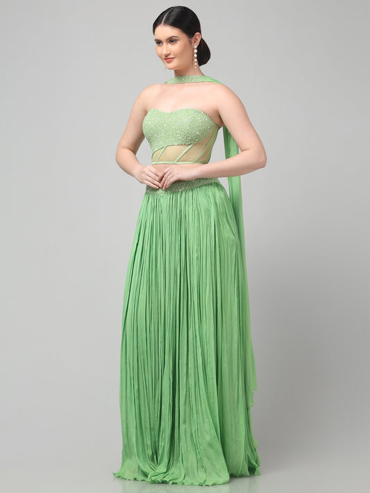 Tea-Green Corset Pure Chinnon Cutdana & Sequence Hand Work Party Wear pleated Skirt & Dupatta