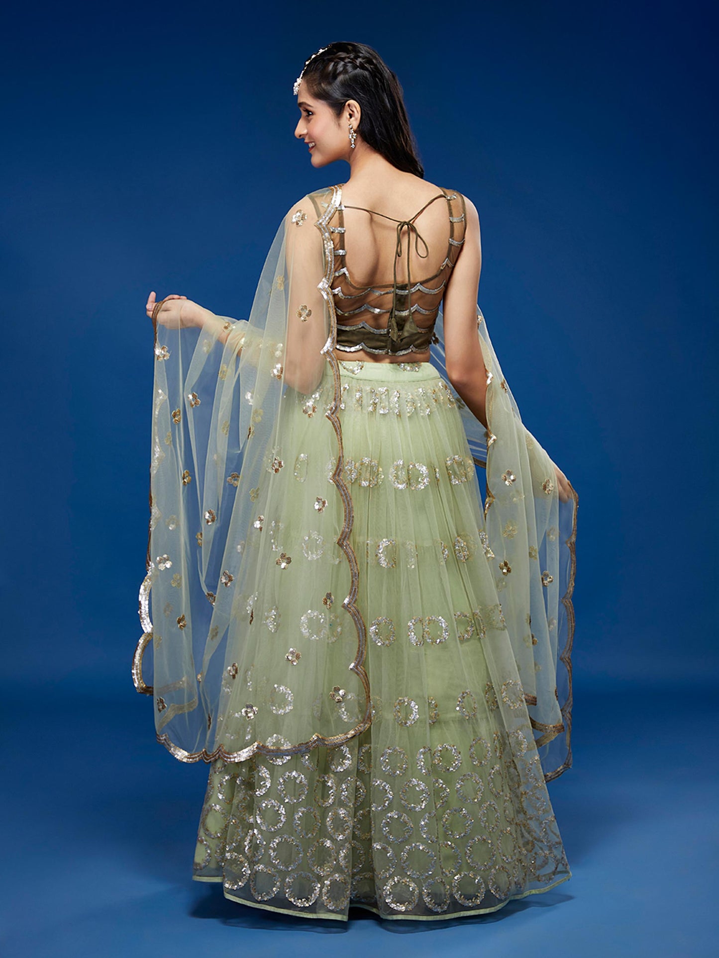 Lime Green Net Embroideried Round Sequins Lehenga