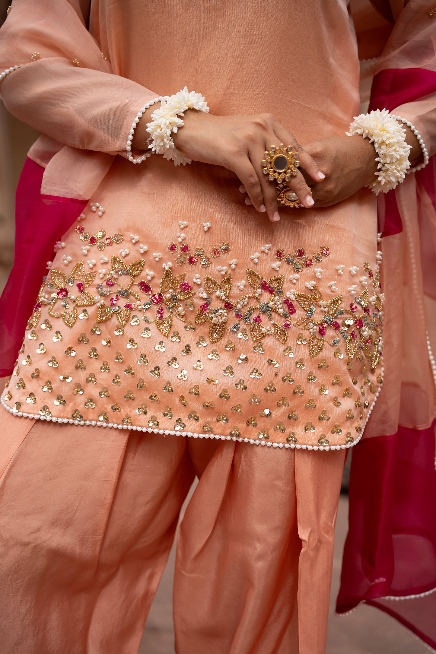 Peach Pink Hand-Embroidered Farshi Set