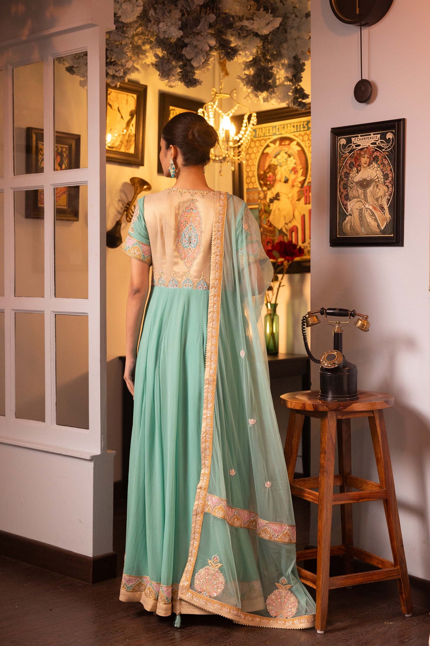 Pietra Dura Turquoise Georgette  Machine Embroidered Bridesmaid Anarkali