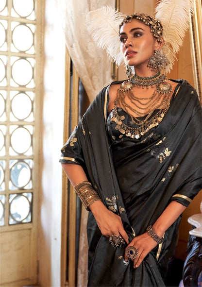 Black Kanthkala Satin Silk Handloom Saree