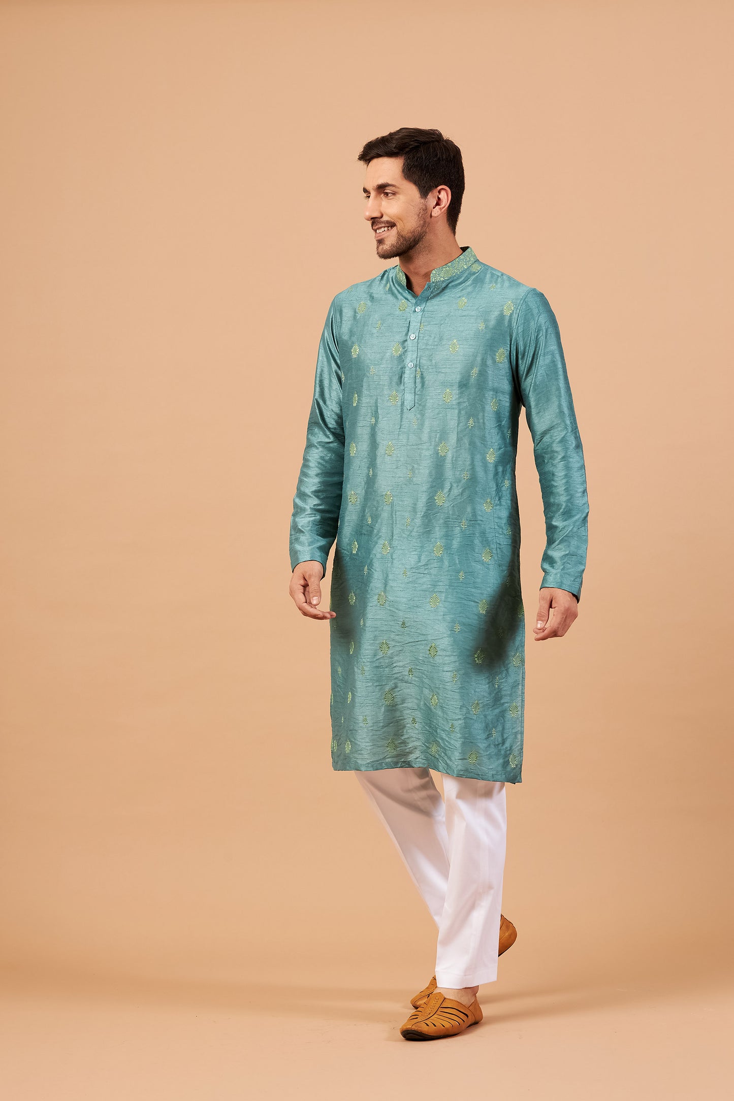 Teal Semi Raw Silk Machine Embroidered Festive ( only Kurta )