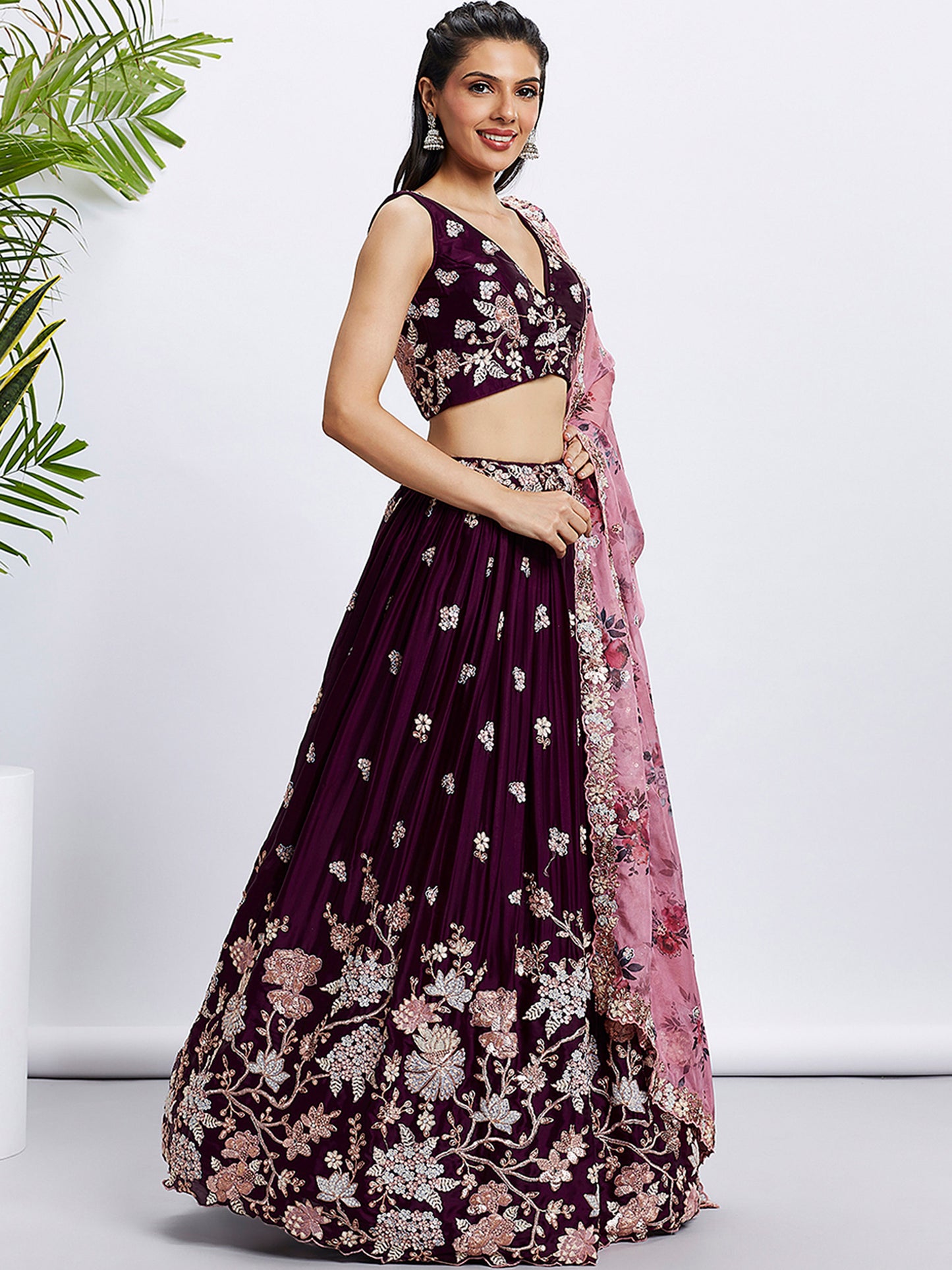 Burgundy Pure Georgette Sequins and thread embroidery Lehenga