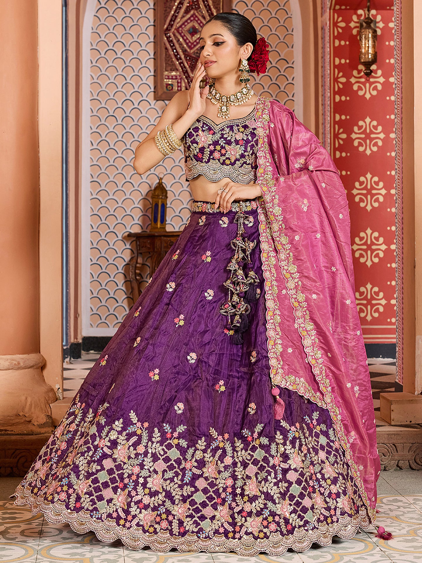 Purple Tissue Sequins embroidery Bridesmaid Lehenga Choli