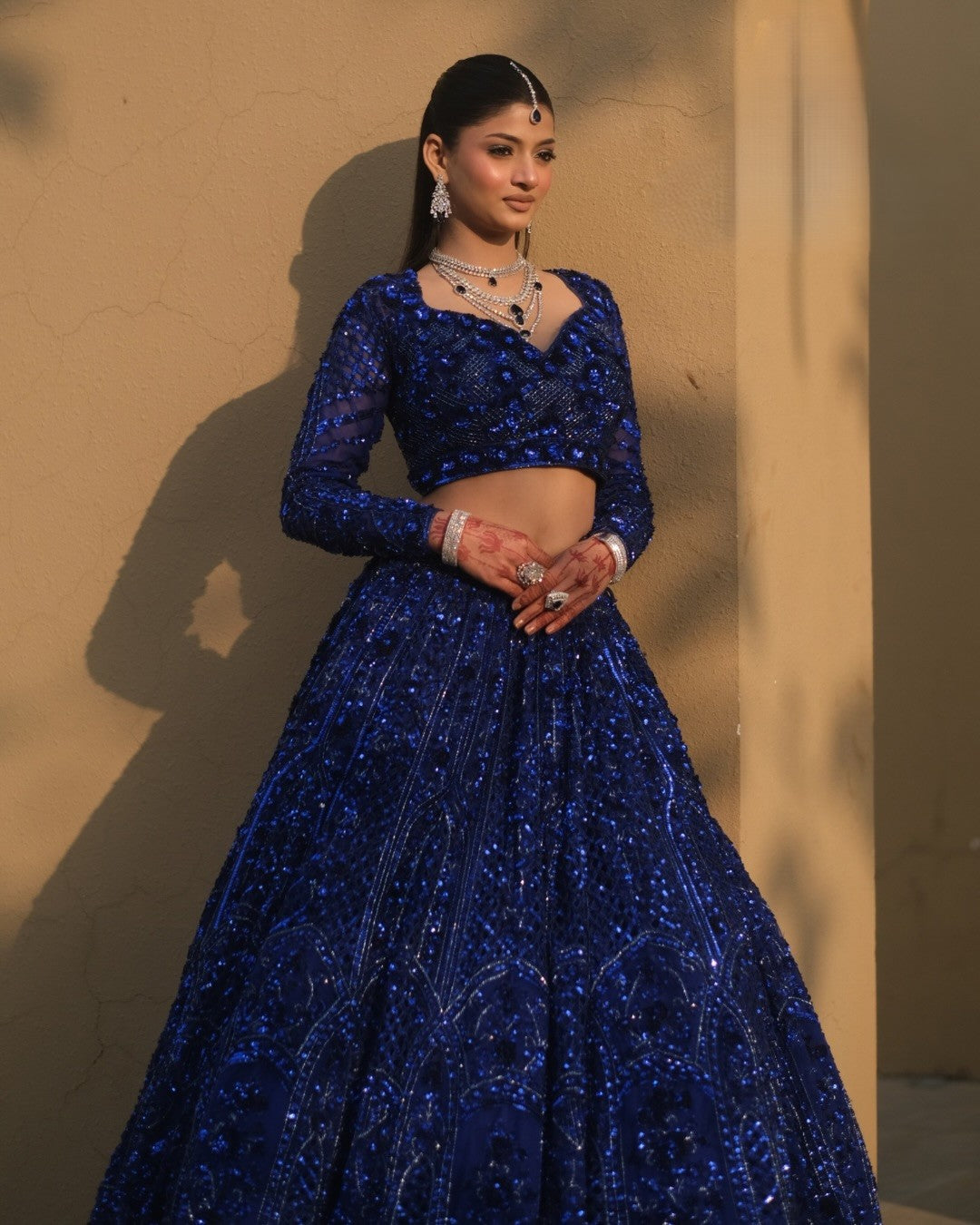 Royal Blue Net with Floral Embellishments Wedding Lehenga for Sangeet