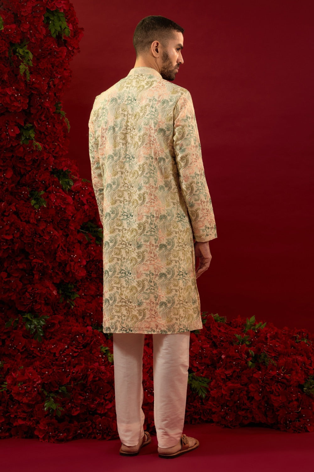 Green silk  kurta with machine work