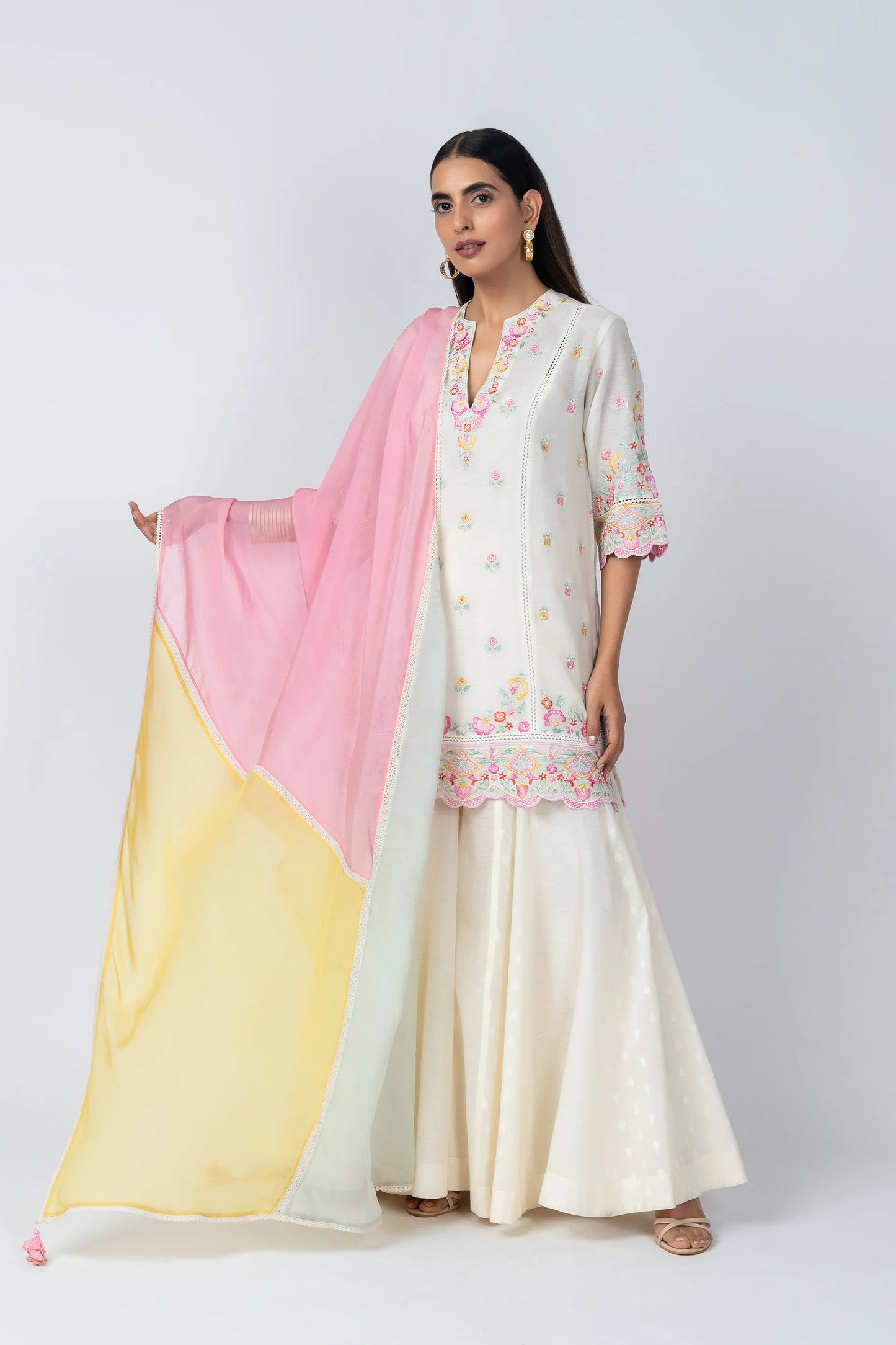 Kaari Natural Linen Kurta with Jacquard Sharara