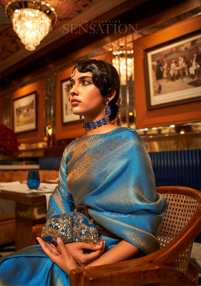 Blue Kumbal Silk Nylon Satin Zari woven saree