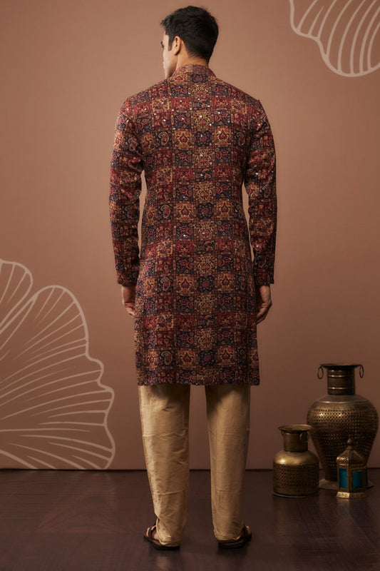 Brown silk kurta set with hand and machine work