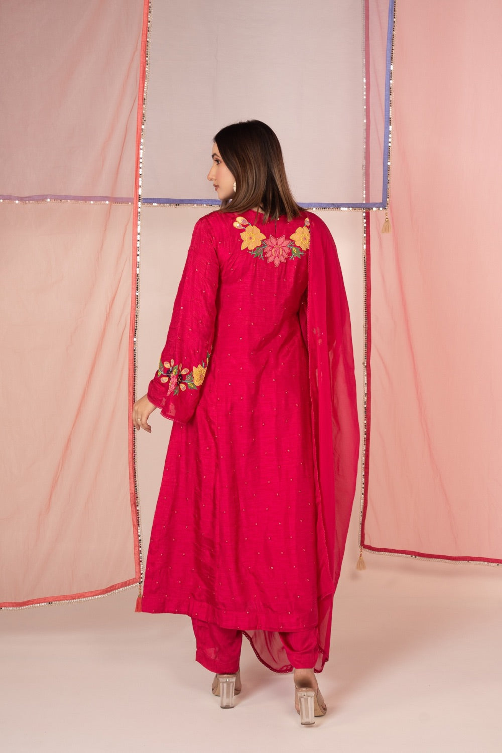 Magenta pink satin silk salwar suit