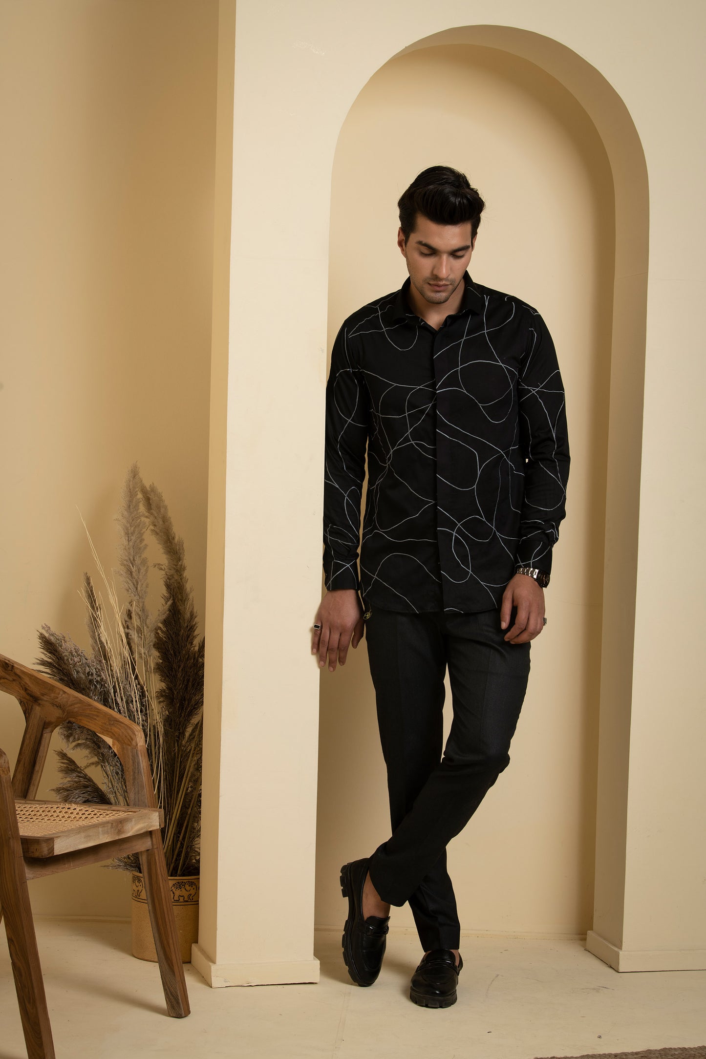Black Giza Cotton Grayab Abstract Embroidered Party Wear Shirt