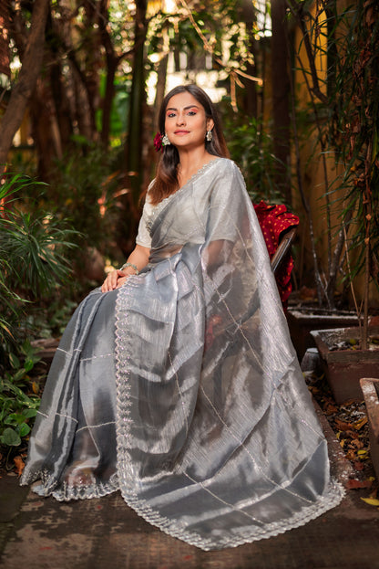 Grey handwork jimmychoo organza saree