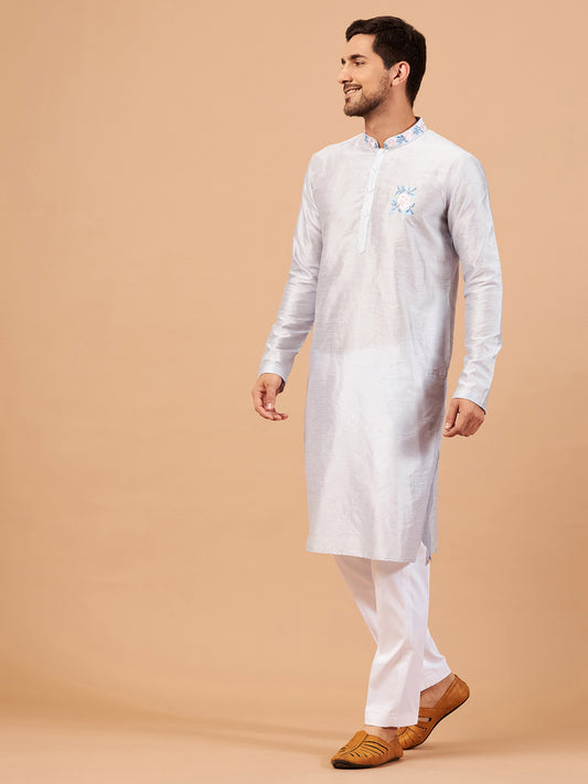 Cadet Grey Semi Raw Silk Thread Embroidered ( only Kurta )