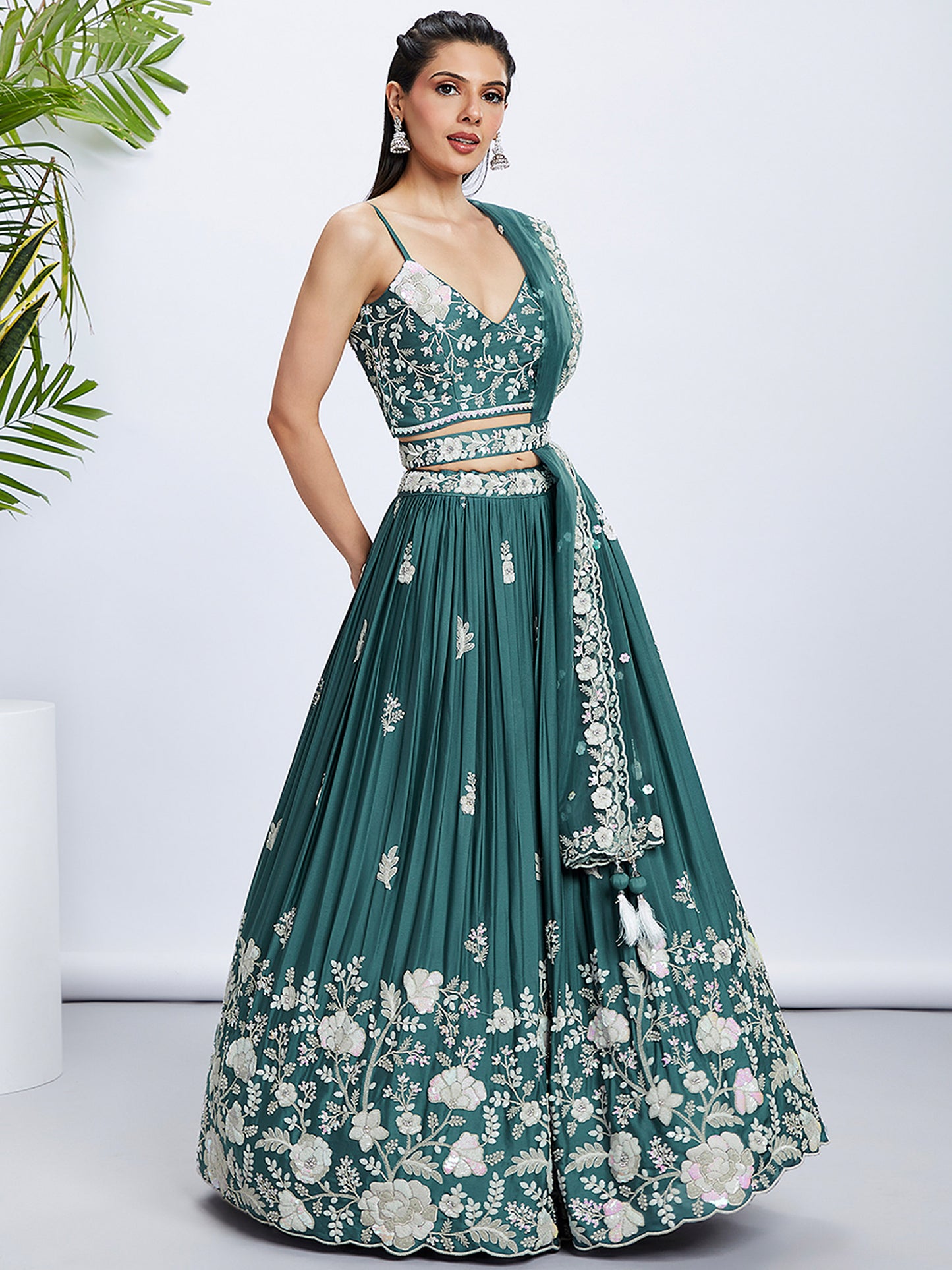 Turquoise blue Pure Georgette Sequins and thread embroidery Lehenga