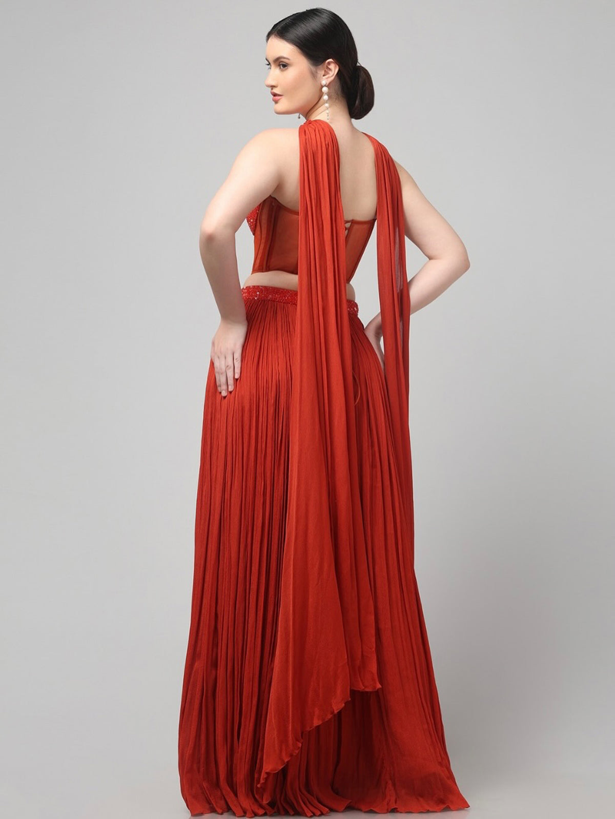 Rust Orange Corset Pure Chinnon Cutdana & Sequence Hand Work Party Wear  pleated Skirt & Dupatta