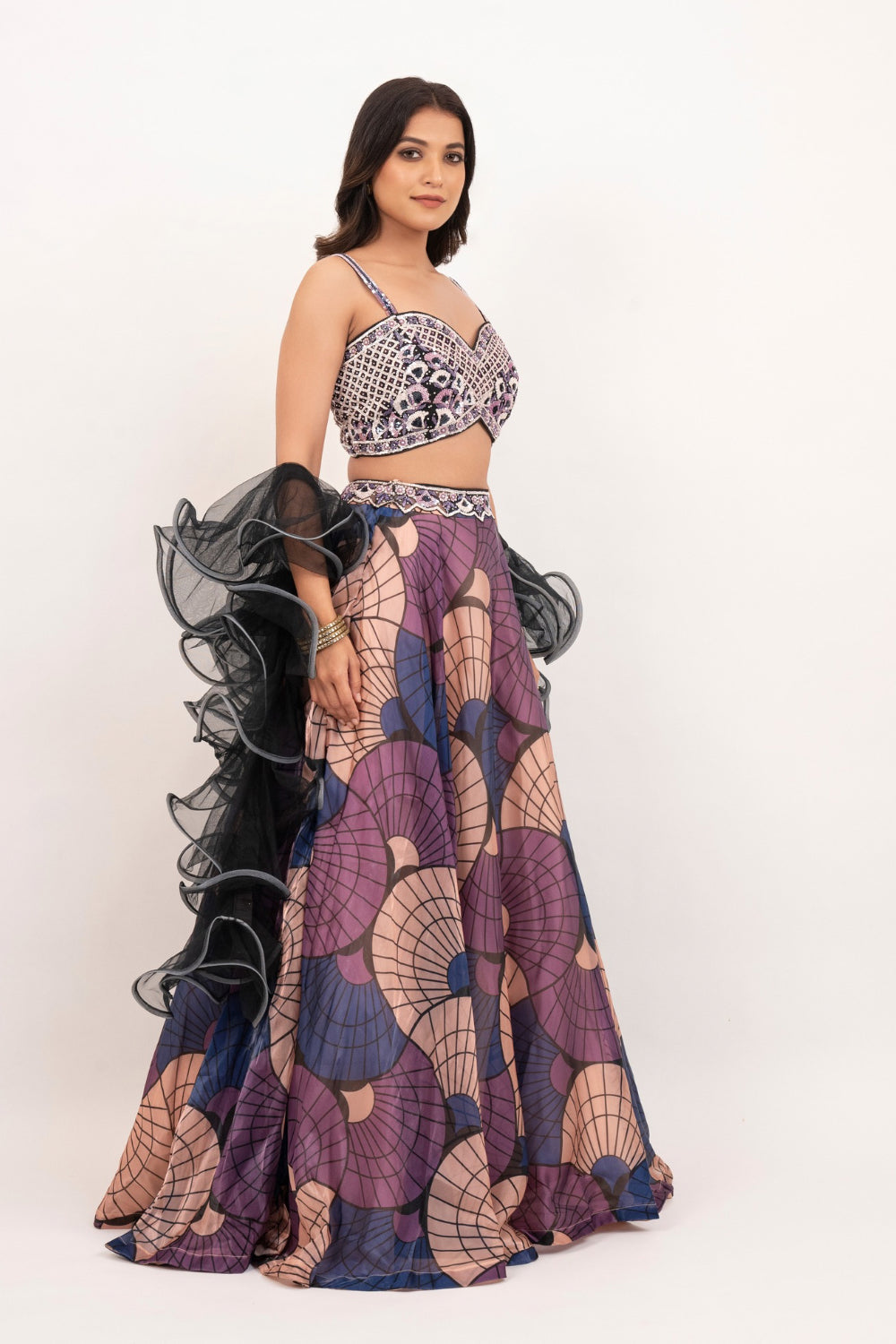 Multicolour organza lehenga choli with sequins, hand cut dana and stone work