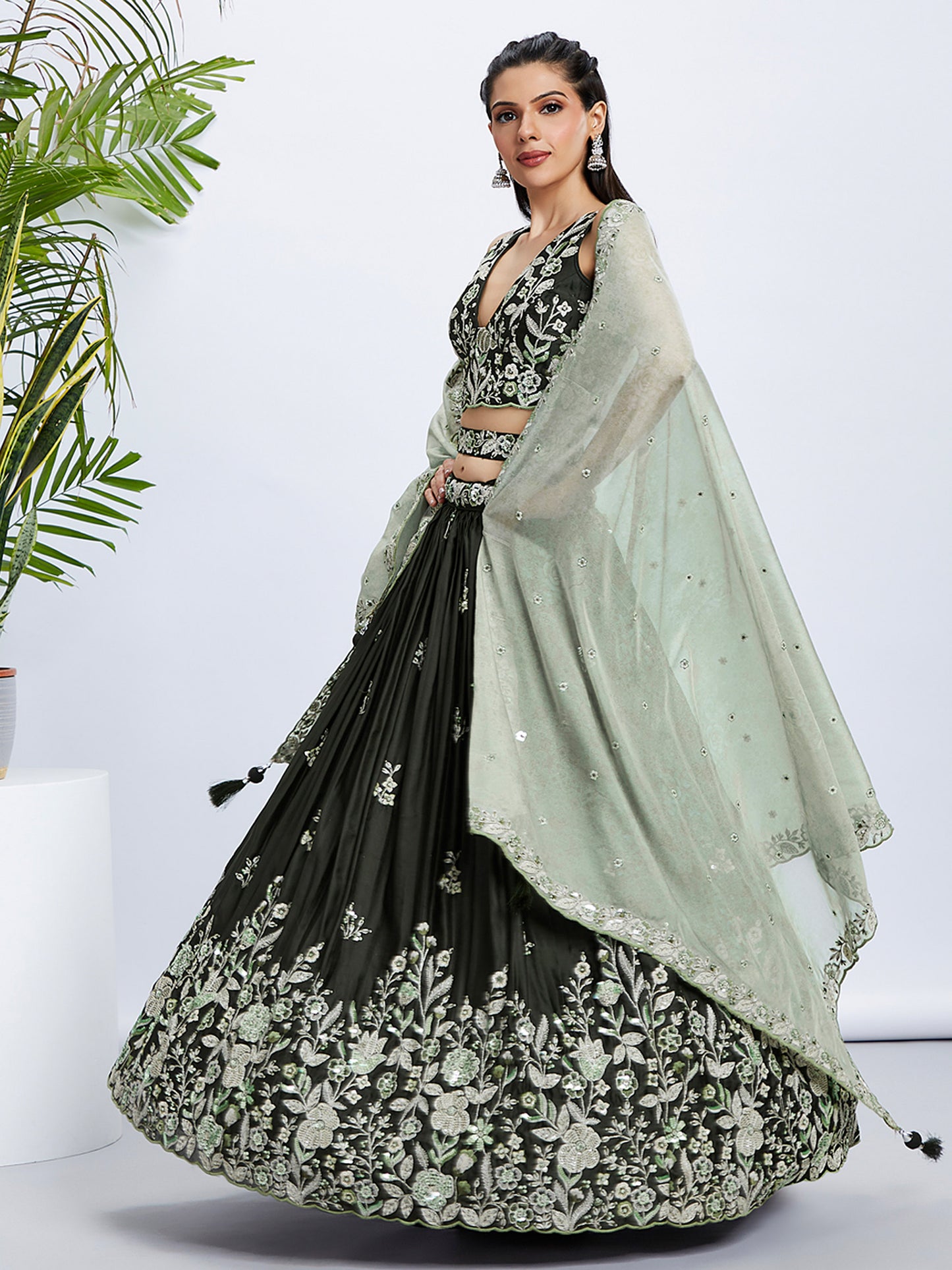 Olive Pure Georgette Sequins and thread embroidery Lehenga
